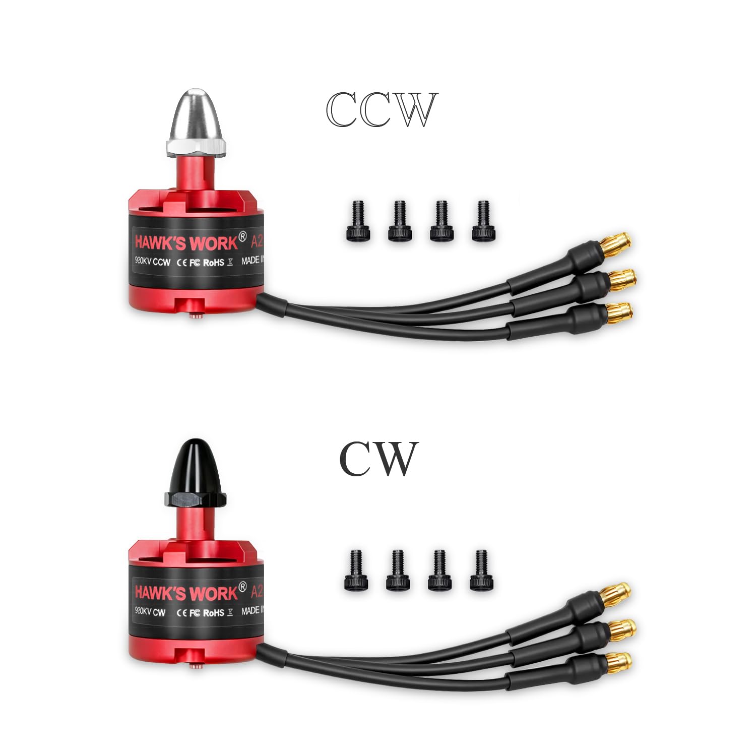HAWK'S WORK Brushless Motor 2212 920KV, 2-4S Motor for RC Plane Multi Copter DIY Done 450 F550 S500 S550 X525 DJI Phantom Quadcopter (CW*2+CCW*2)