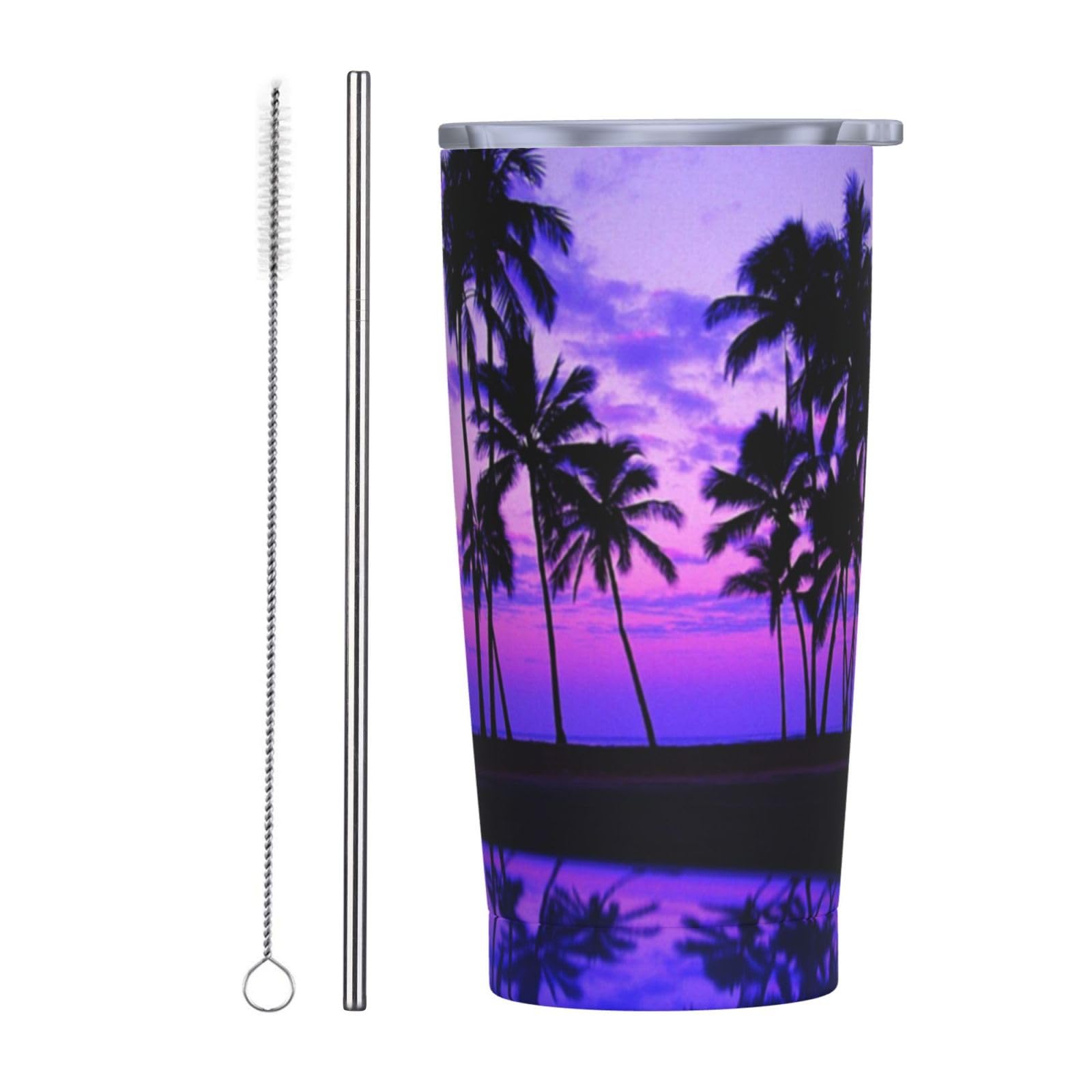 Tazza termica portatile con stampa tramonto viola con palma in acciaio inox