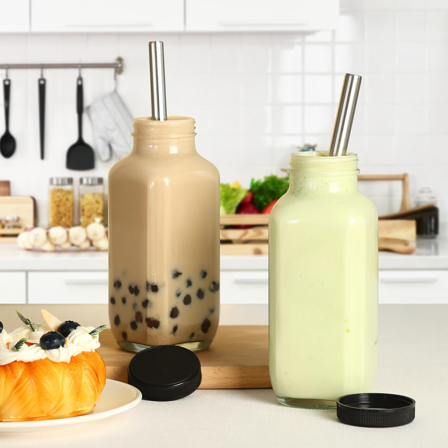 CUCUMI 24pcs 16oz Glass Juice Bottles with Lids, Reusable Vintage Glass Drinking Bottles with Blank Labels, Brush, Straws, Funnel for Storing Tea, Kombucha, Milk - Image 5