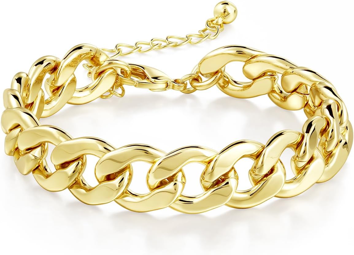 LANE WOODS Gold Bracelets for Women 14k Gold Plated Chunky Thick Large Link Chain Bracelet