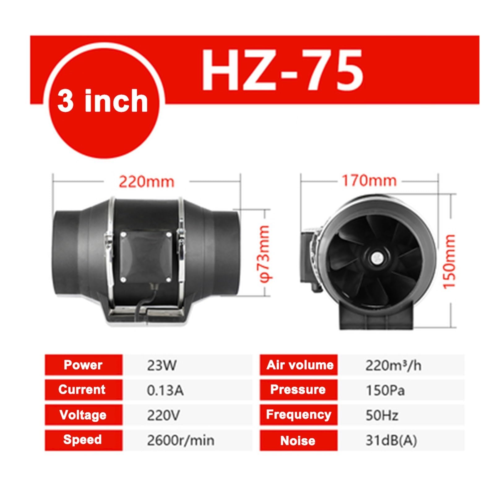 23 W, wentylator o mocy 220 V, cichy i cichy wentylator kanałowy