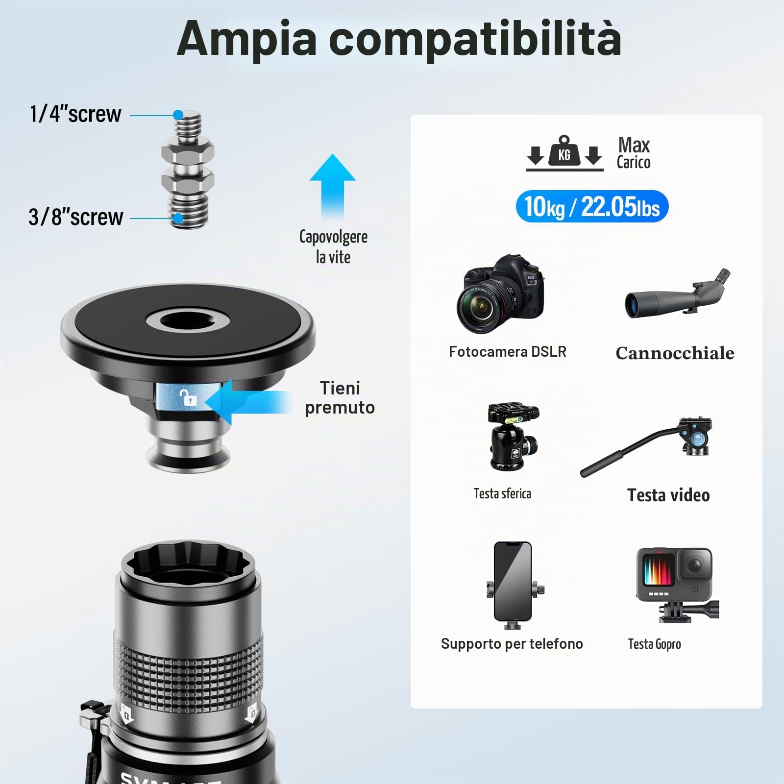 SIRUI SVM-165 - Monopiede per fotocamera con piedi per fotografia, 165 cm, in fibra di carbonio, monopiede con treppiede rimovibile, monopiede professionale per fotocamera DSLR, videocamera, carico