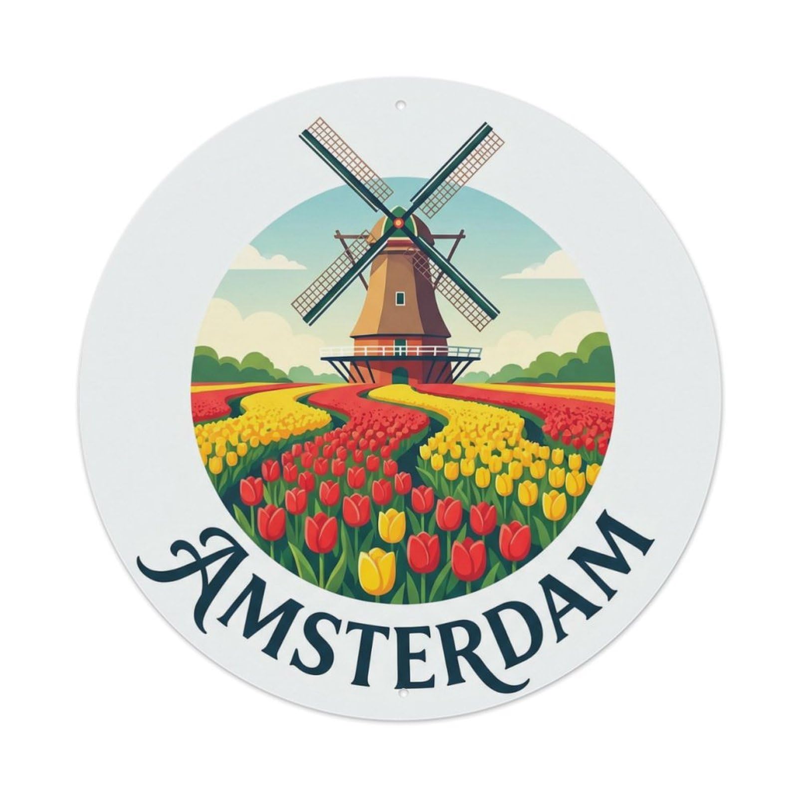 Vintage Travel Amsterdam Tulip Fields 2 Metal Tin Sign Plaque Wall Decor for Cafe, Club Bar, Office, Home Garden Round Metal Poster 8x8Inch