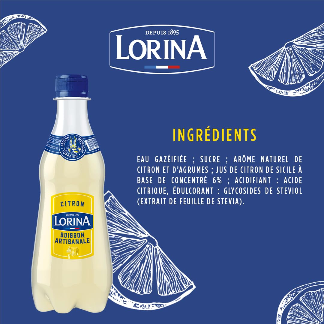 Lorina Limonade Citron Artisanale, Boisson Gazeifiée au Jus de Citron de Sicile, 42cl, Lot de 12