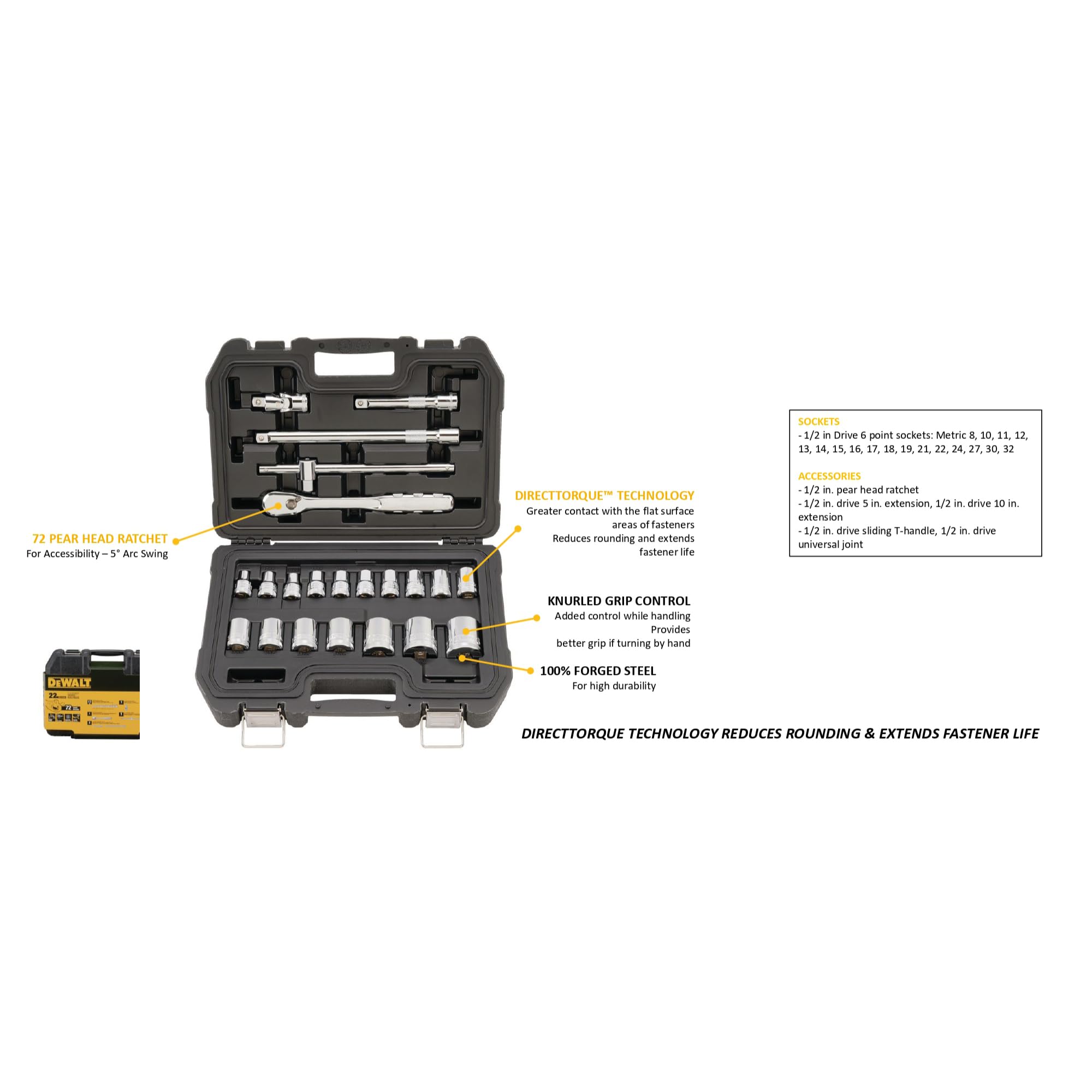 DEWALT DWMT19241-1 zestaw nasadek metrycznych 1/5.1 cm 22-częściowy