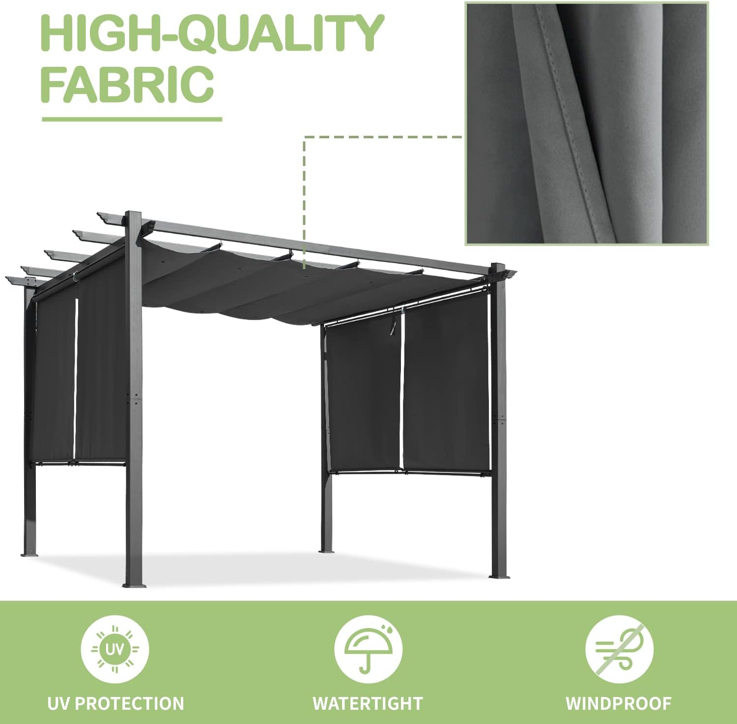 Close-up of the high-quality fabric canopy, highlighting its UV protection, watertight, and windproof properties