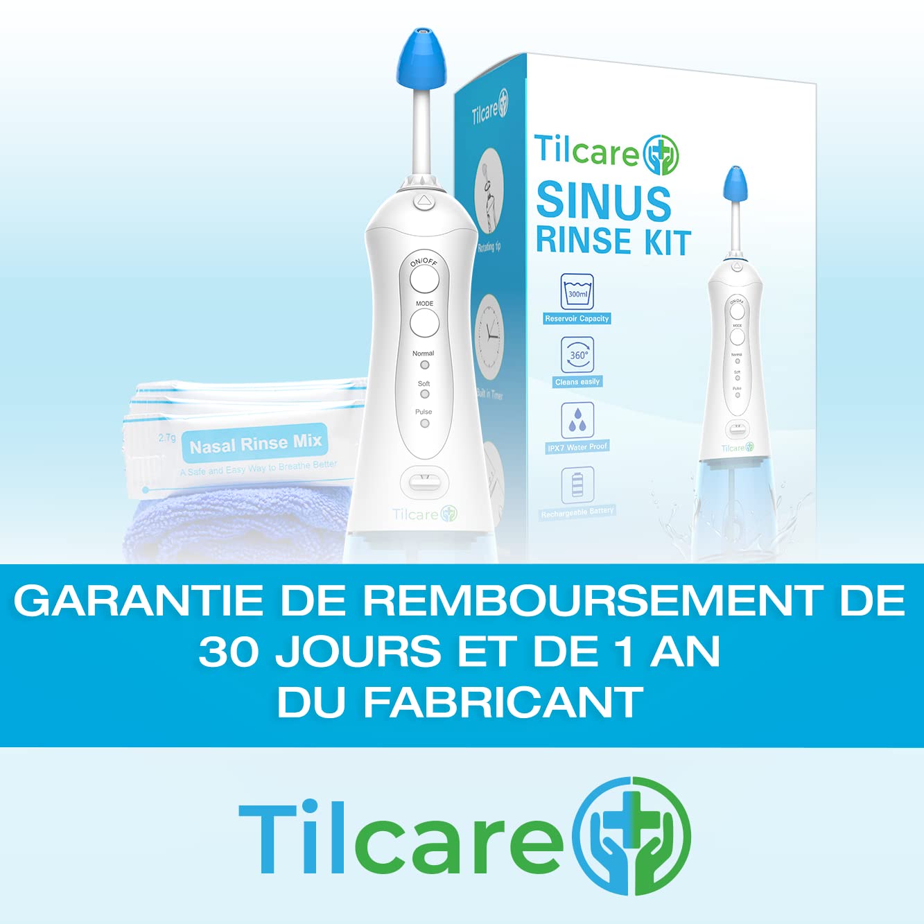Kit d'irrigation nasale de Tilcare – Kit de lavage nez parfait pour le soulagement des sinus et des allergies - Pot Neti électrique - Livré avec une serviette et 30 sachets de sel