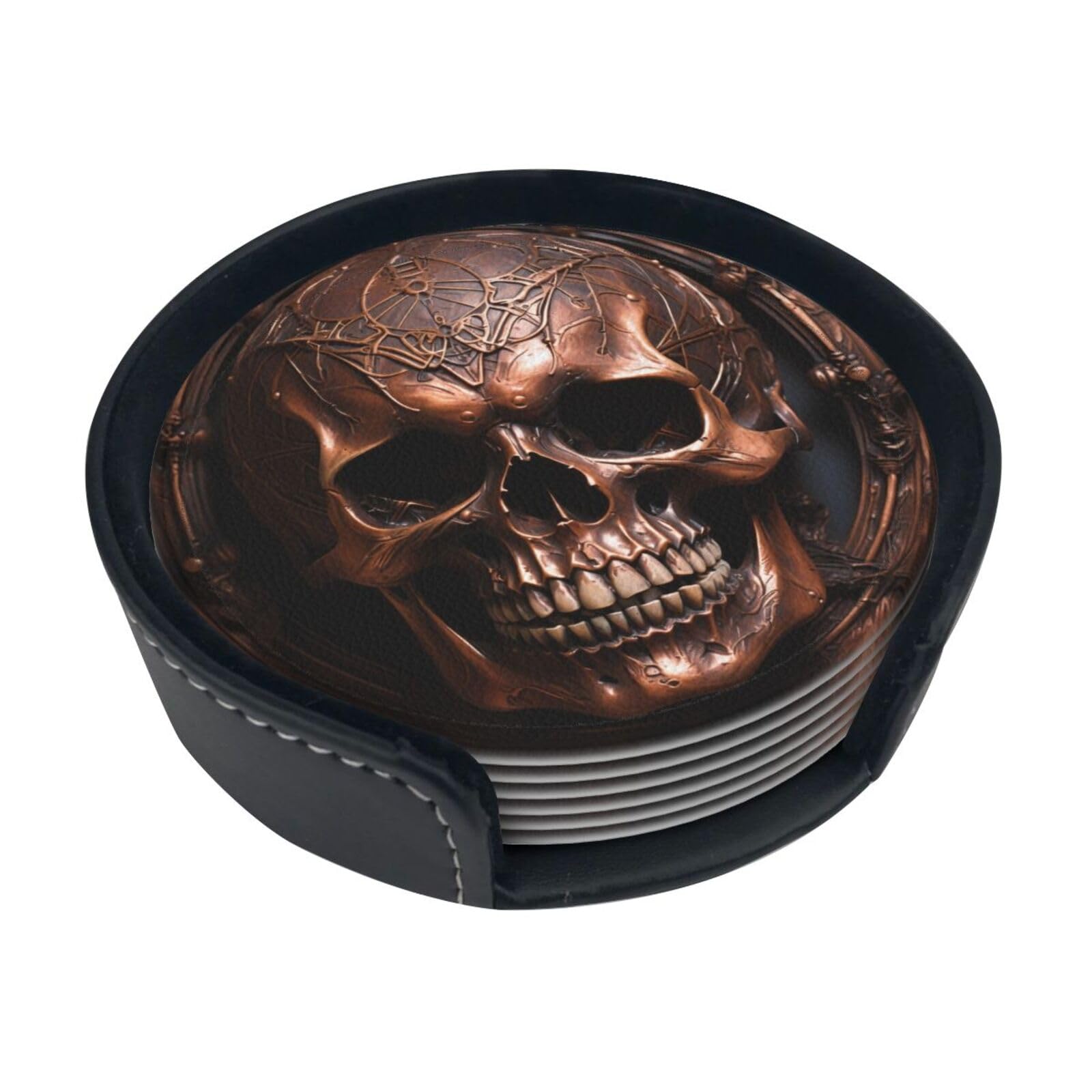 Cntdbu White Copper-Colored Skull Leather Coasters Set Of 6-Pu Leather Drink Mats For Table, Heat Resistant Round Coasters With Holder
