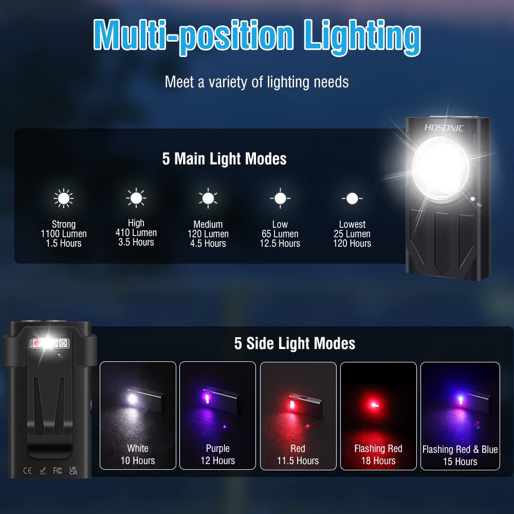 E7 Mini Lampe Torche LED Puissante 1100 Lumens avec Lumière UV Rouge, IPX5 étanche 10 Modes USB Rechargeable Petite Lampe de Poche en Aluminium avec Porte Clé, Clip, Magnétique