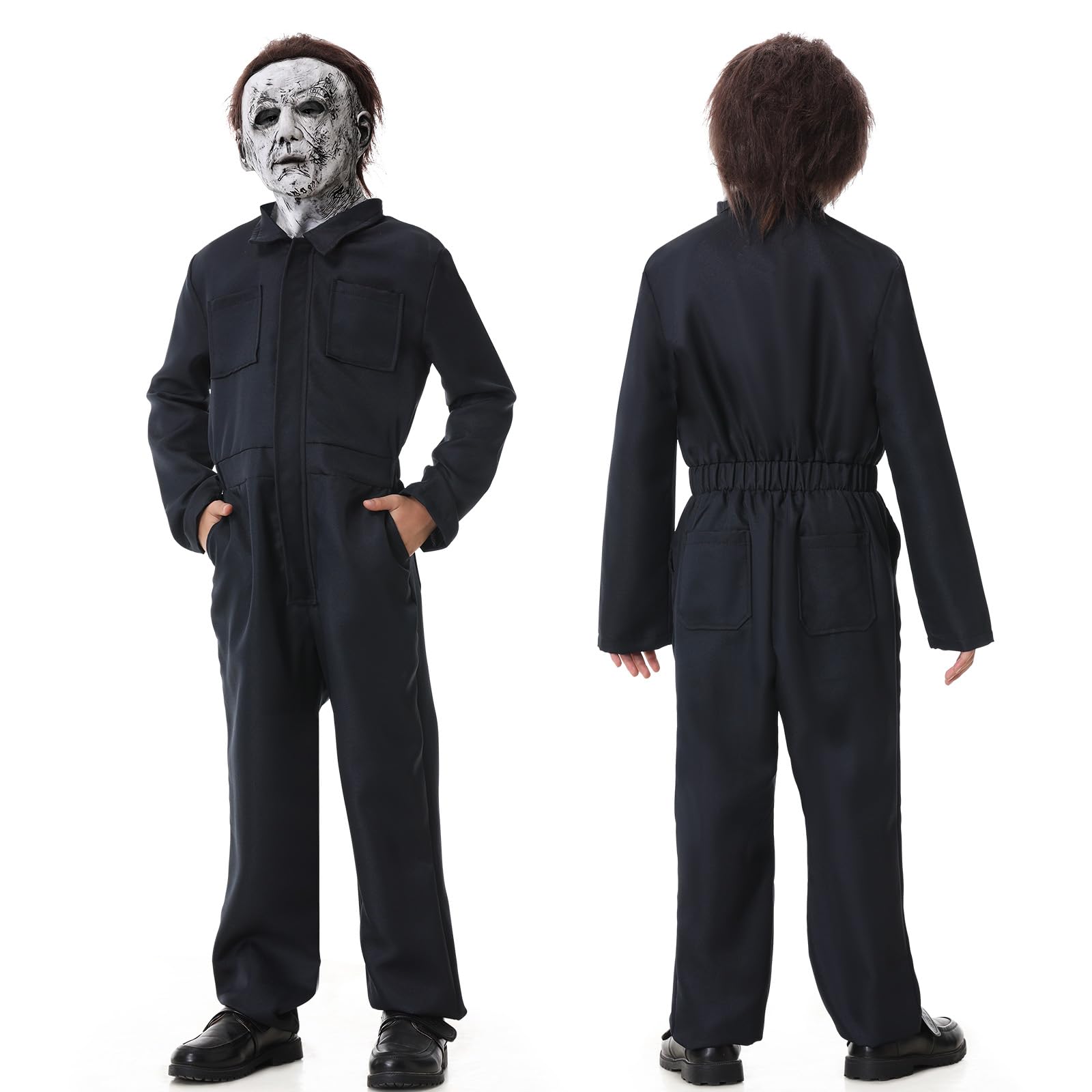 BuzzoXerex Halloween Michael Myers Costume per Bambini, Costume Horror Cosplay Set con Tuta Lavoro Uomoe, Lattice Horror Maschera Michael Myers Bambini per Halloween