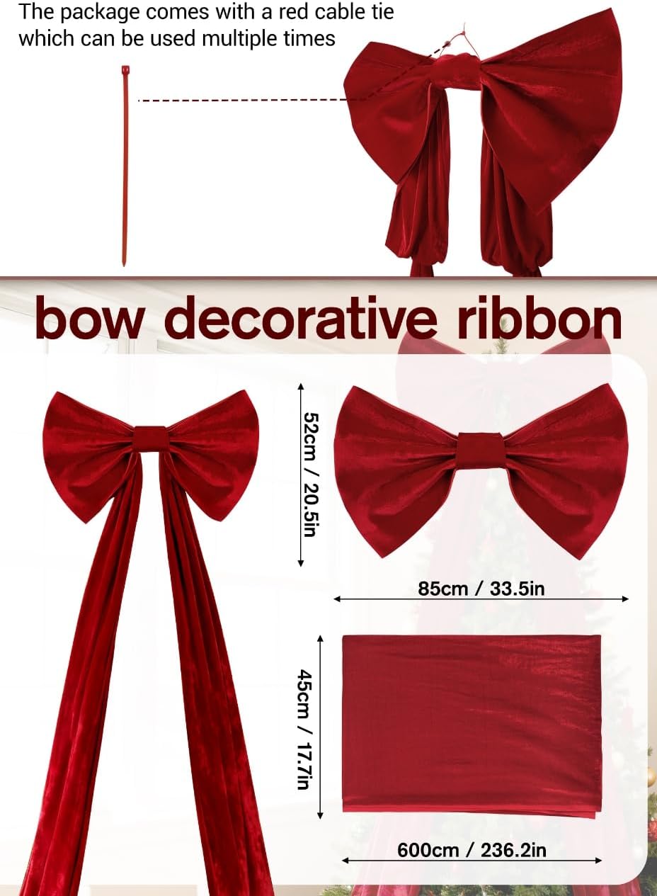 UQJE 32 x 250 in Red Big Bow Valentine's Day Decorations Giant 3D Velvet Ribbon Bows Tree Topper Decor for Party Birthday Christmas