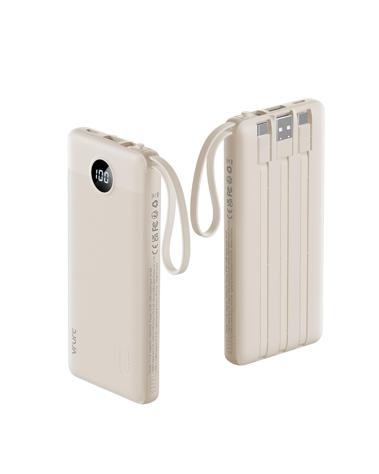 VRURC Portable Charger Power Bank,10000mAh Travel Essentials Battery Pack | Built-in 4 Cables, 5 Outputs 2 Inputs Slim USB C Charging Bank for All Cell Phones -Light Coffee(1 Pack)