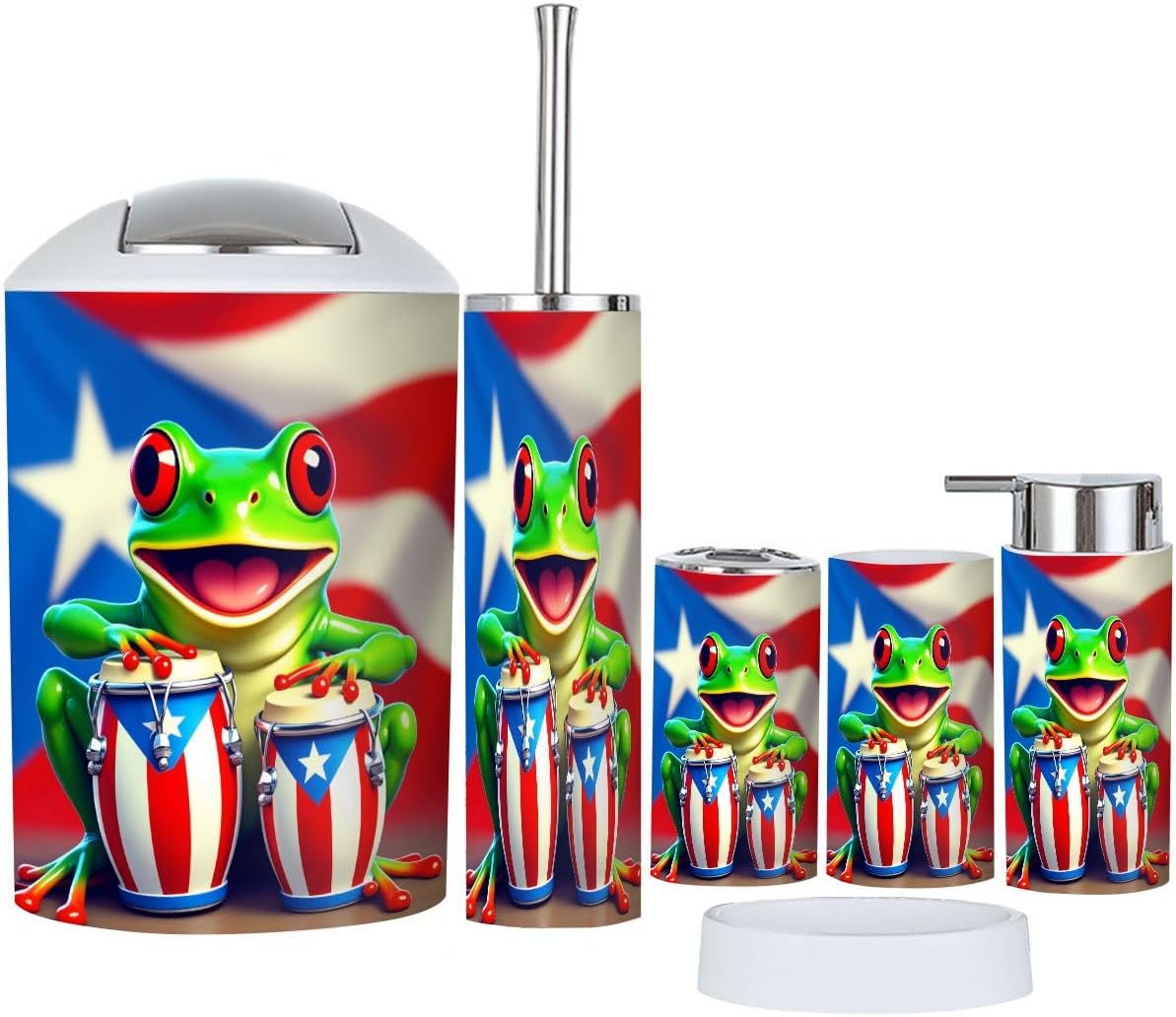 Bathroom Accessories Set 6 Pcs Lighthouse Coastal Ocean Seascape Beach Nautical Scenery Artwork Red Toothbrush Holder Cup Soap Dispenser Soap Dish Toilet Brush Holder Trash Can for Countertop Decor