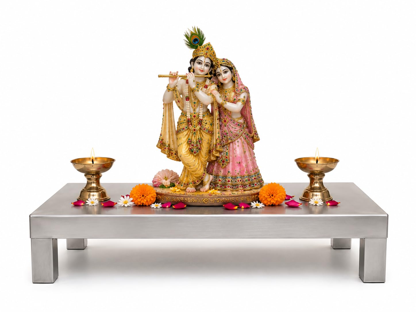 Stainless Steel Puja Chowki 12 x 12 x 4 Inch | Heavy Duty Mandir Chowki for Home Temple | Pooja Stand for God Idol, Radha Krishna Murti & Religious Ceremonies | Rust Resistant Steel Bajot