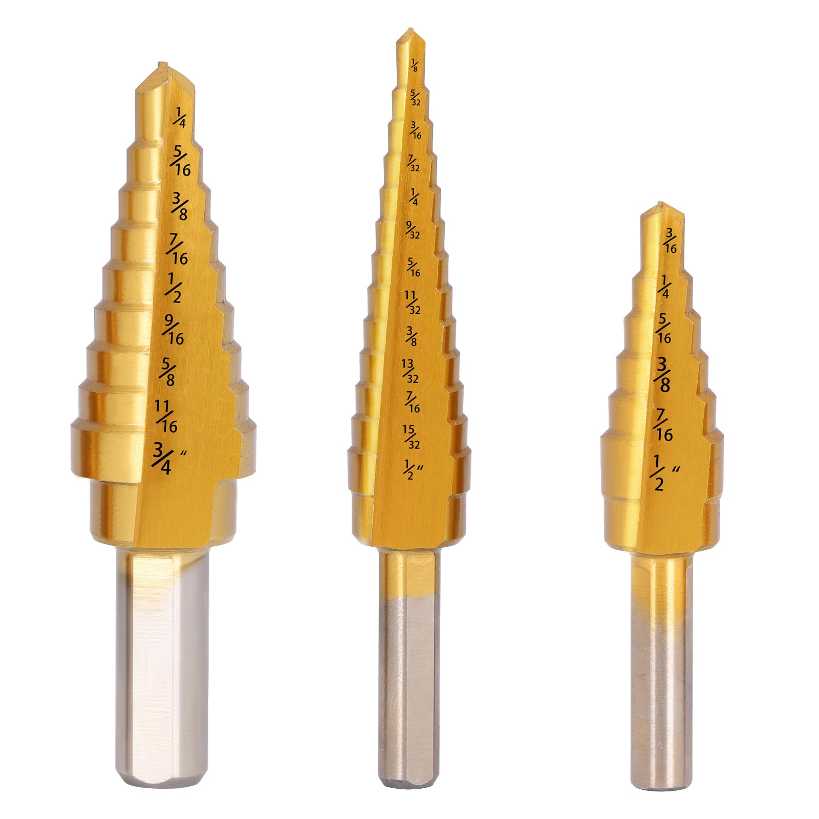 COMOWARE Step Drill Bit Set - Titanium Coated, Double Cutting Blades, High Speed Steel, Short Length Drill Bits Set of 3 pcs, Total 28 Sizes