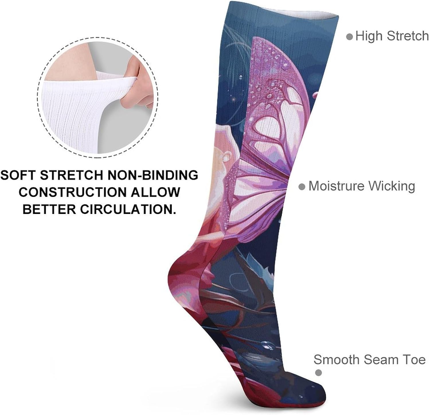 Super Value Fashion Large Chemical Fiber Men's And Women's Breathable Rose And Butterfly Printed Stockings 5 Pairs of Super Soft Non-binding Moisture Wicking Christmas Socks 15.7 in