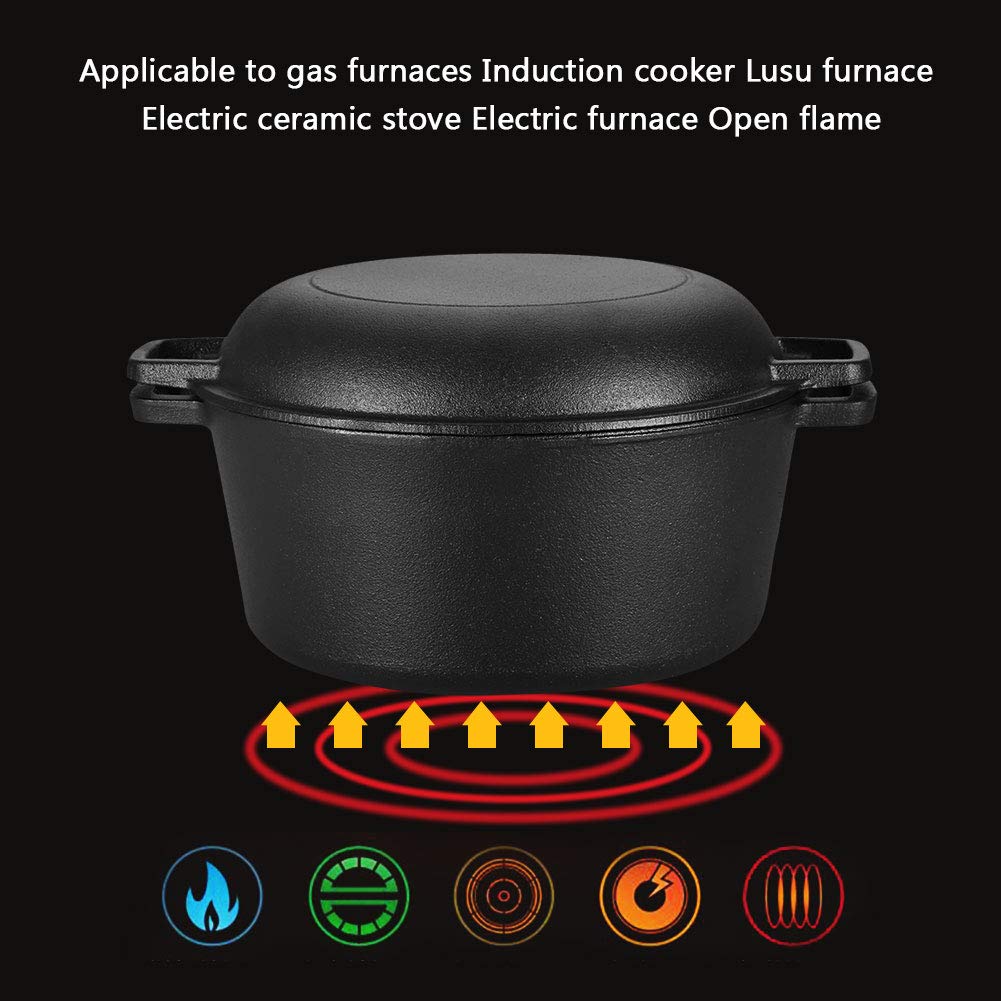 Olla holandesa de hierro fundido Dutch Oven doble con asas, 4,5 litros, cacerola con tapa para camping cocina casera BBQ Bake, 26 x 26 x 12 cm