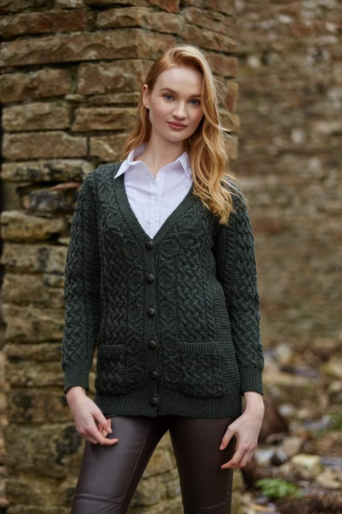Aran Crafts Women's Irish Cable Knit Soft Buttoned Cardigan (100% Merino Wool)