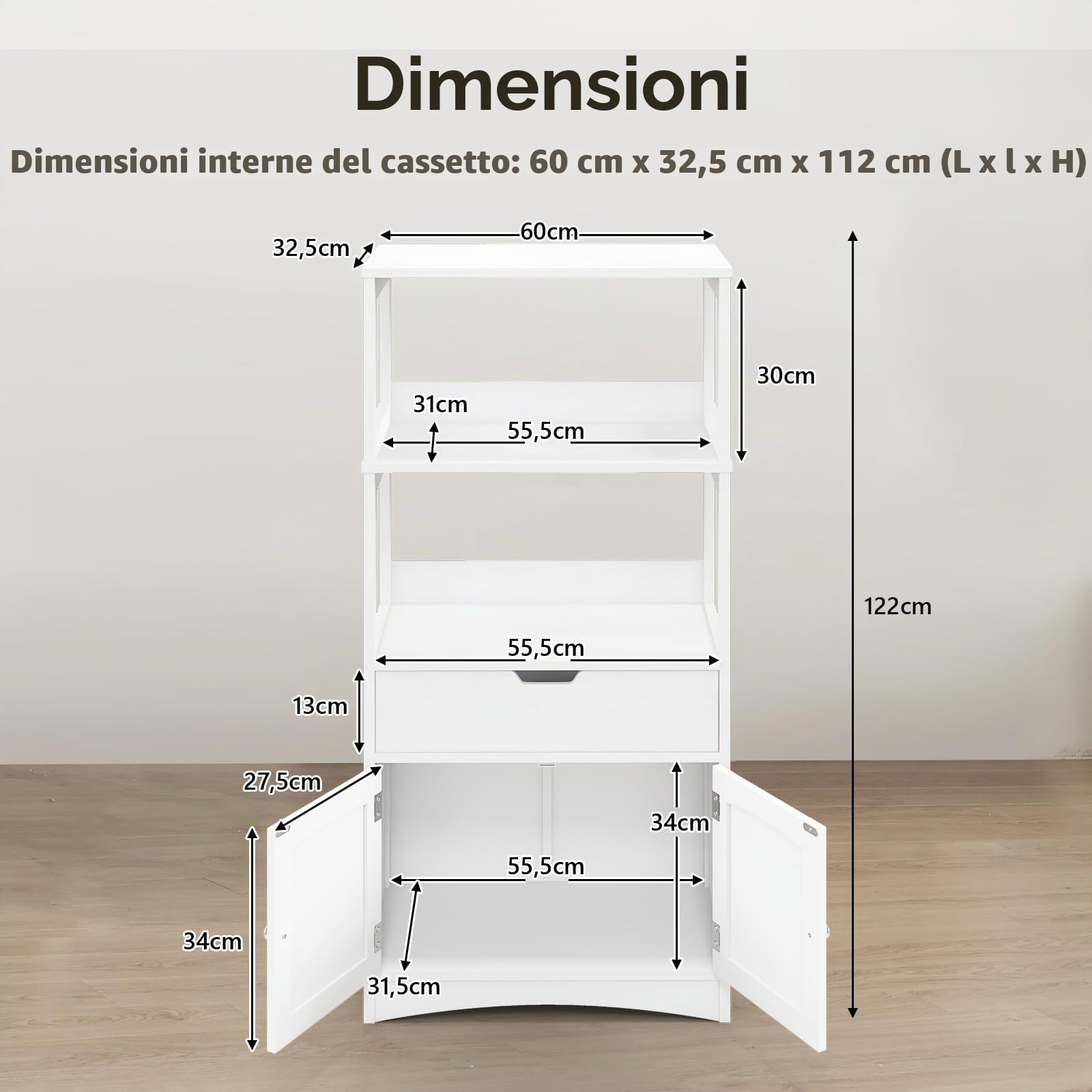 KOMFOTTEU Mobile portaoggetti con ripiano a 3 livelli, armadio alto in legno, dispositivo antiribaltamento, cassetto e armadio a 2 ante, moderno, 60 x 32,5 x 122 cm (bianco)