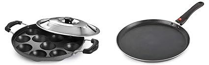 Cello Non Stick Dosa Tawa Induction Base with Detachable Handle, 280 mm Hammered Toned,Aluminium, Black & Cello Non-Stick 12 Cavity Appam Patra with Lid
