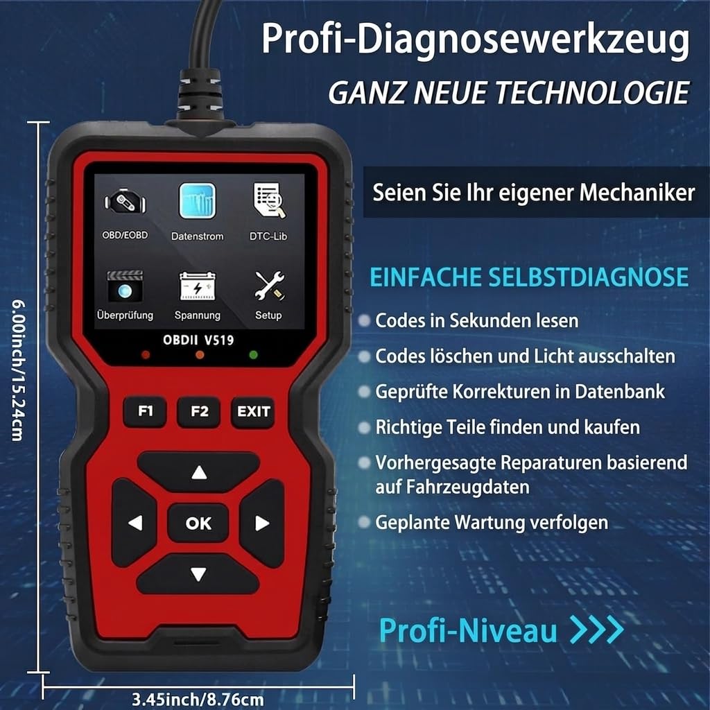 OBD2 Diagnosegerät, Auslesegerät KFZ für OBDII Autos, OBD Adapter, A | OBDII Diagnosewerkzeuge mit Alle OBD2 Funktionen, Motor Diagnose, Batterietest, Fehlerauslesegerät ab 2002 für alle Fahrzeuge