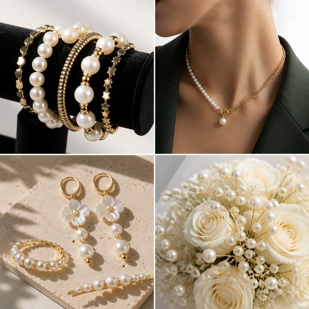 1000Pcs Pearl Beads for Bracelets Making -4mm 6mm White Pearl Beads with Gold Spacer Bead & Shell Jewelry for Bracelet Necklace DIY Craft Making Kit, Beach Theme Friendship Jewelry Making Kit
