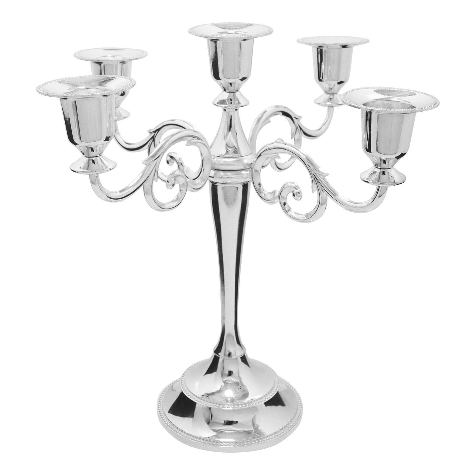 Silver Candle Holder，5 Arms Metal Candle Holders for Taper Candles（10.6 inch Tall Candelabra, for 1/2-1 inch Pillar Candles Diameter Each）,Candlestick Holders Centerpiece Decoration