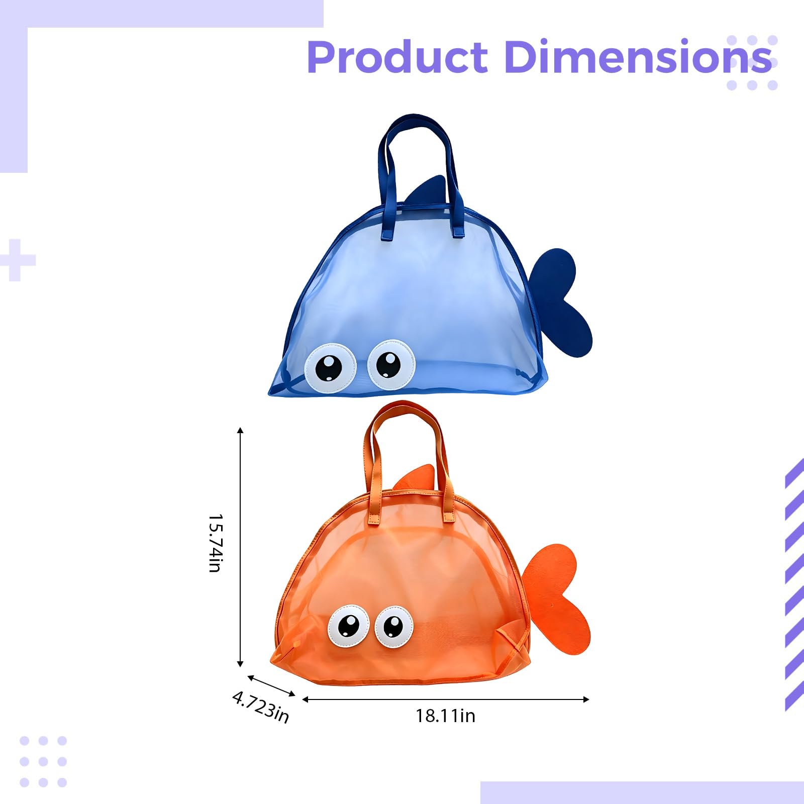 Lot de 2 Sacs de Plage en Forme de Poisson, Grande capacité 46 x 40 x 12 cm, Sac de Rangement en Filet avec Queue pour Jouets de Sable, Natation, Piscine, Vacances au Bord de mer