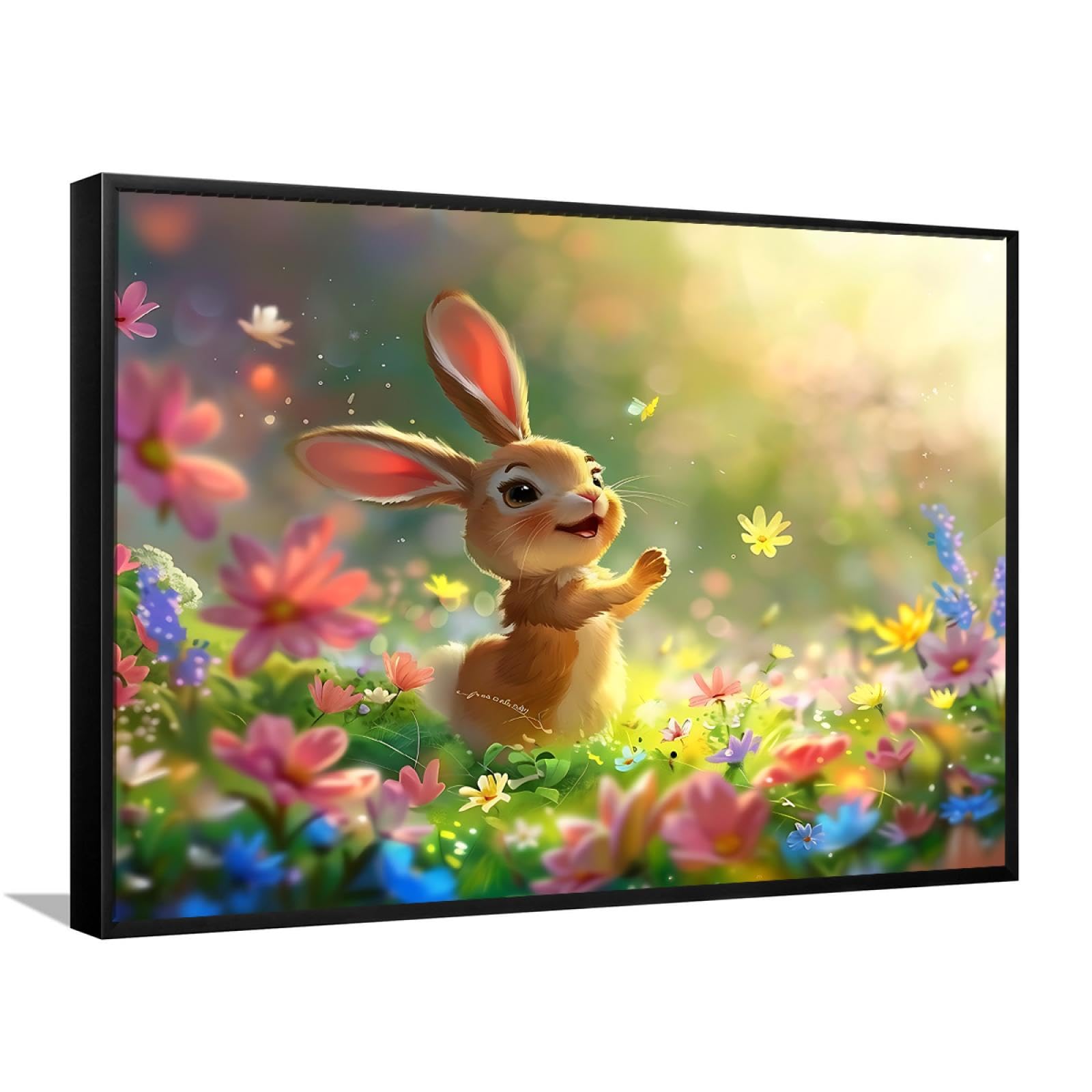 Via Vela Mignon Lapin Floral Toile Art Mural Vibrant Animal Images Nature Paysage Oeuvre d’art Impressions Lapin Jardin Affiche Peinture pour Bureau Décor 40x60cm avec Cadre Noir