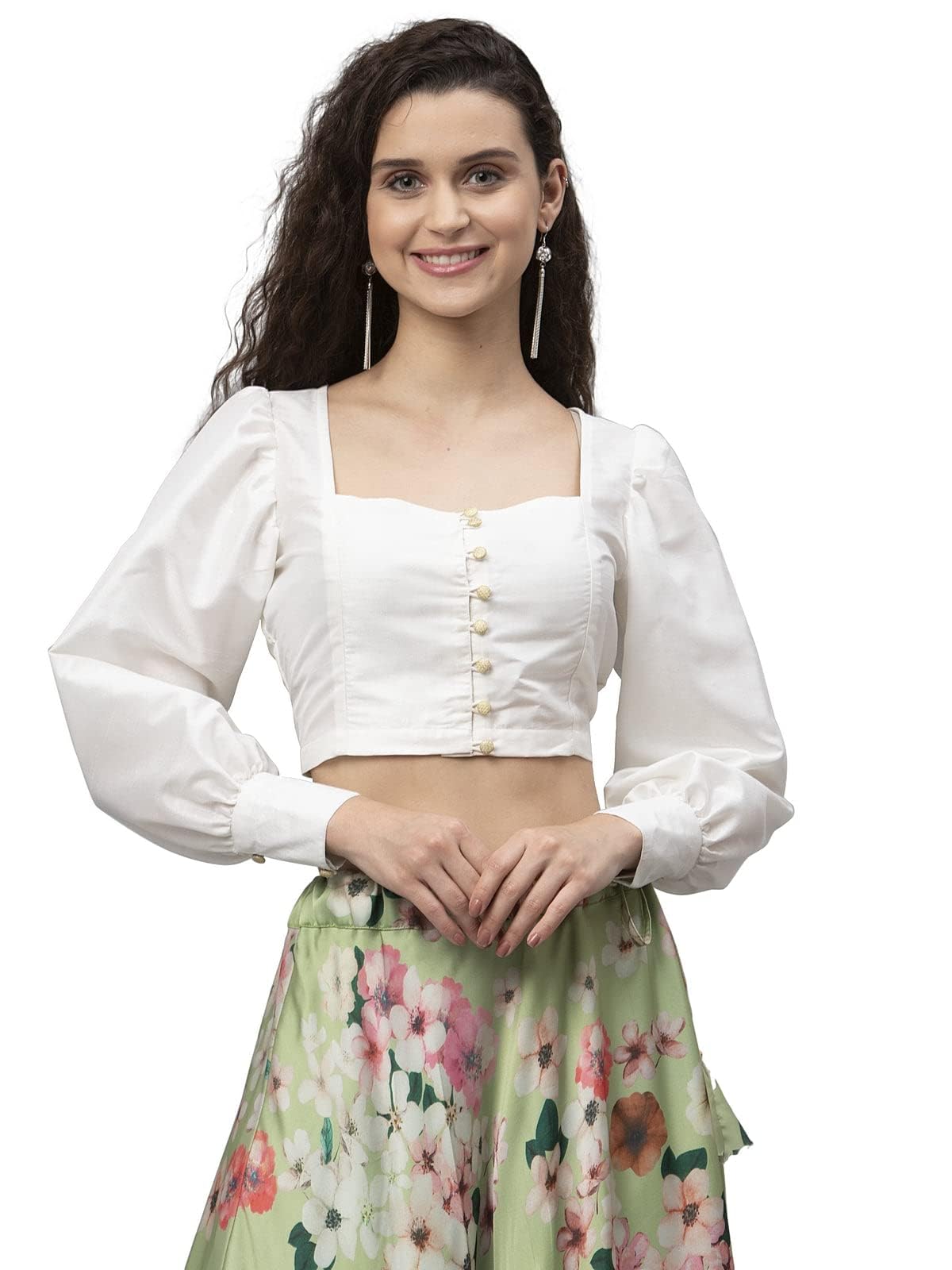 studio rasaWomen's Silk Blend Button Down Crop Top for Festive Wedding Party