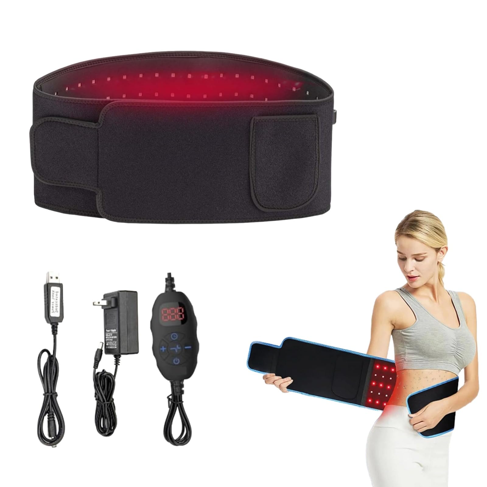 Cinturón de terapia de luz roja, 660 nm y 850 nm cinturón infrarrojo, almohadilla térmica para espalda, abdomen, abdomen, piernas, alivio del dolor en las articulaciones y circulación sanguínea