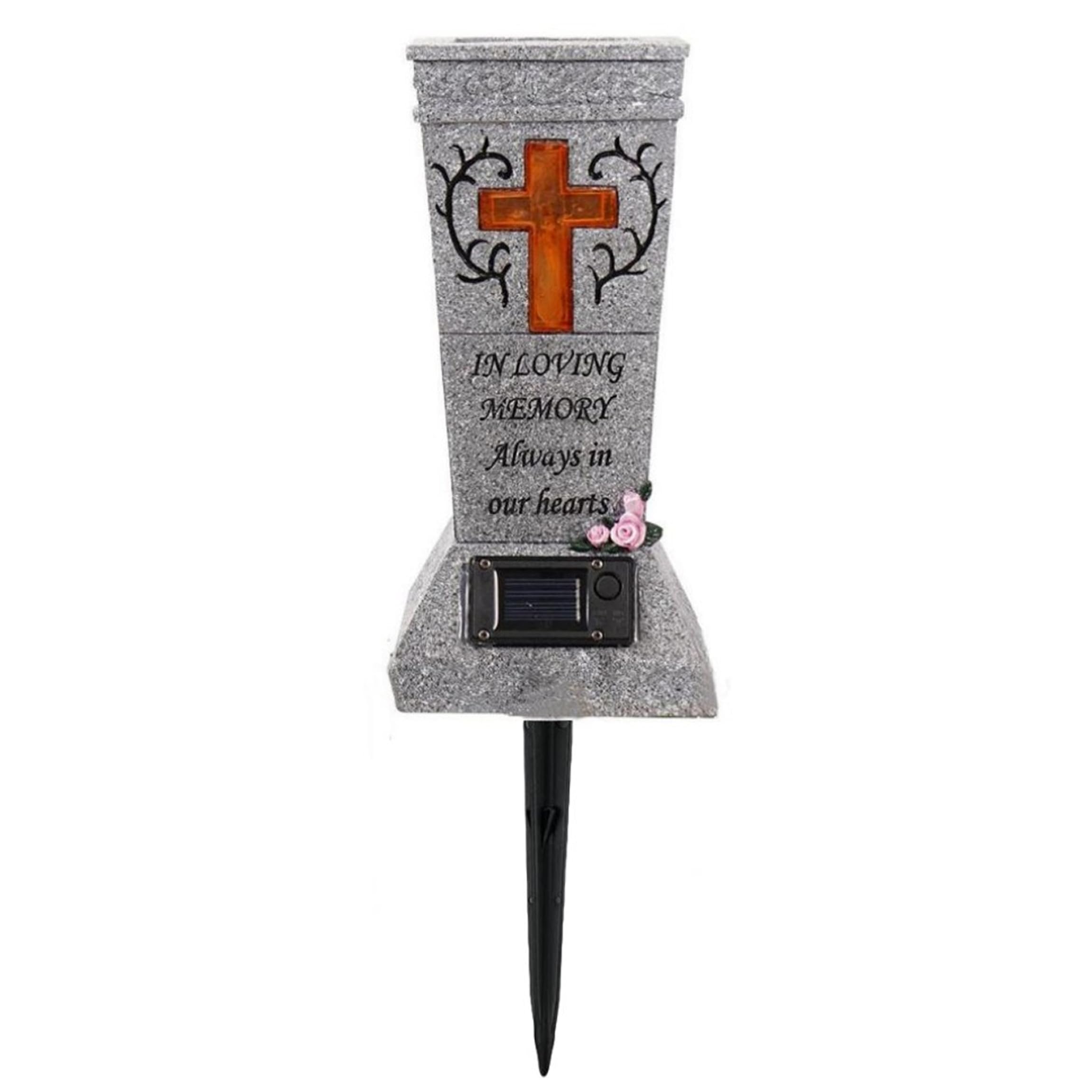 Yeaxxsqy Solar Grave Flower Holder 15.2 Inch, Cemetery Vases with Spikes, Resin Cross Glowing Outdoor Decor, Grey