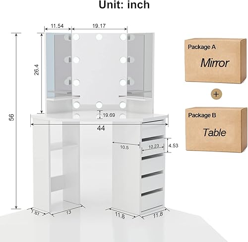 Miniatura 8 de Likein Escritorio esquinero de maquillaje con espejo y luces, mesa de tocador de dormitorio con espejo iluminado, 5 cajones y estante de