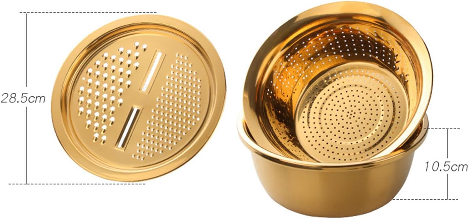 3x Stainless Steel Grater Basin Salad Bowl Kitchen Tool Rice Basket Multifunctional Julienne Grater for Vegetables Fruits, gold