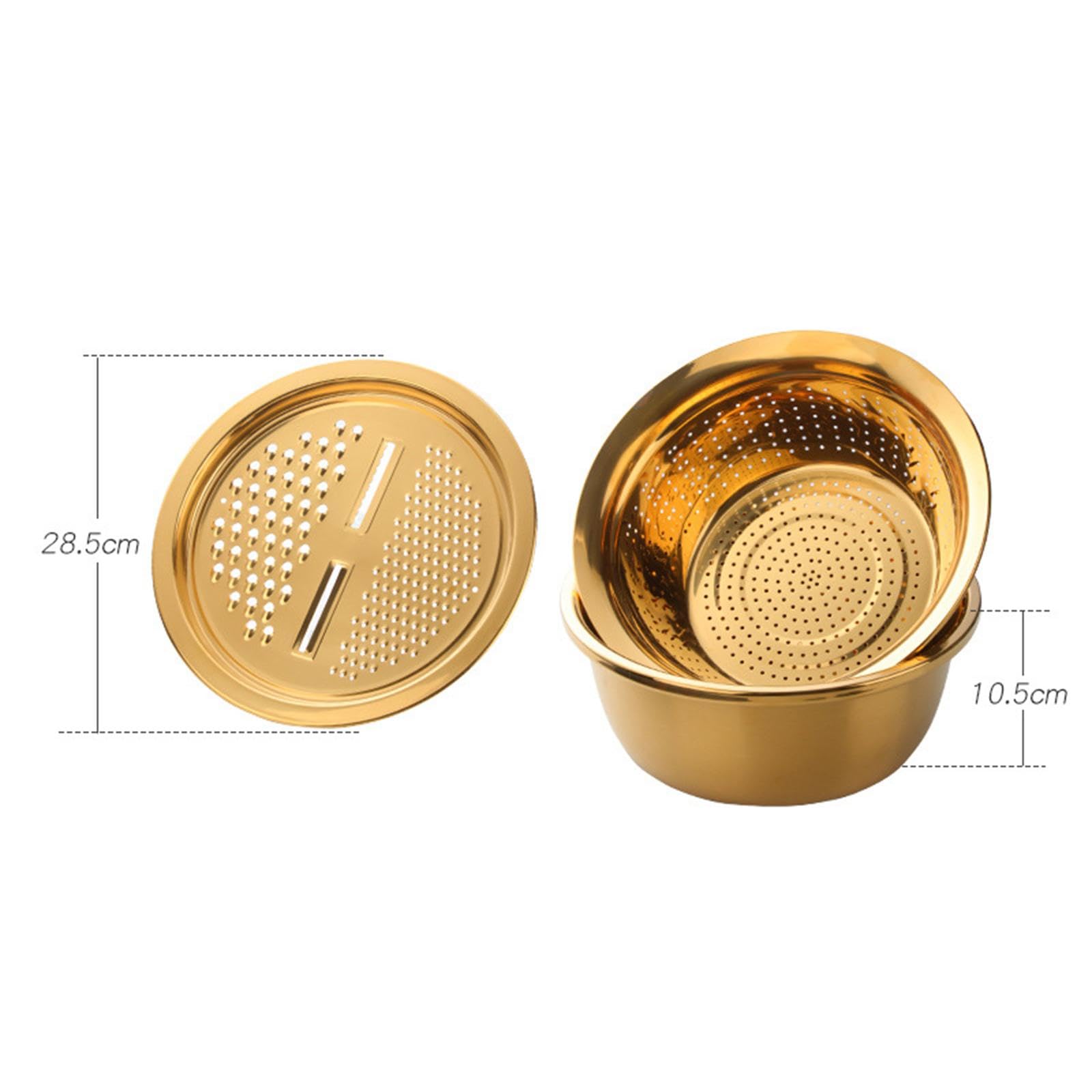 Cesta Escurridor Rallador Vegetal Acero Inoxidable Multifunción para Preparar Ensaladas Lavar Alimentos Apto Cocina Familiar Uso Diario, Oro, Individual