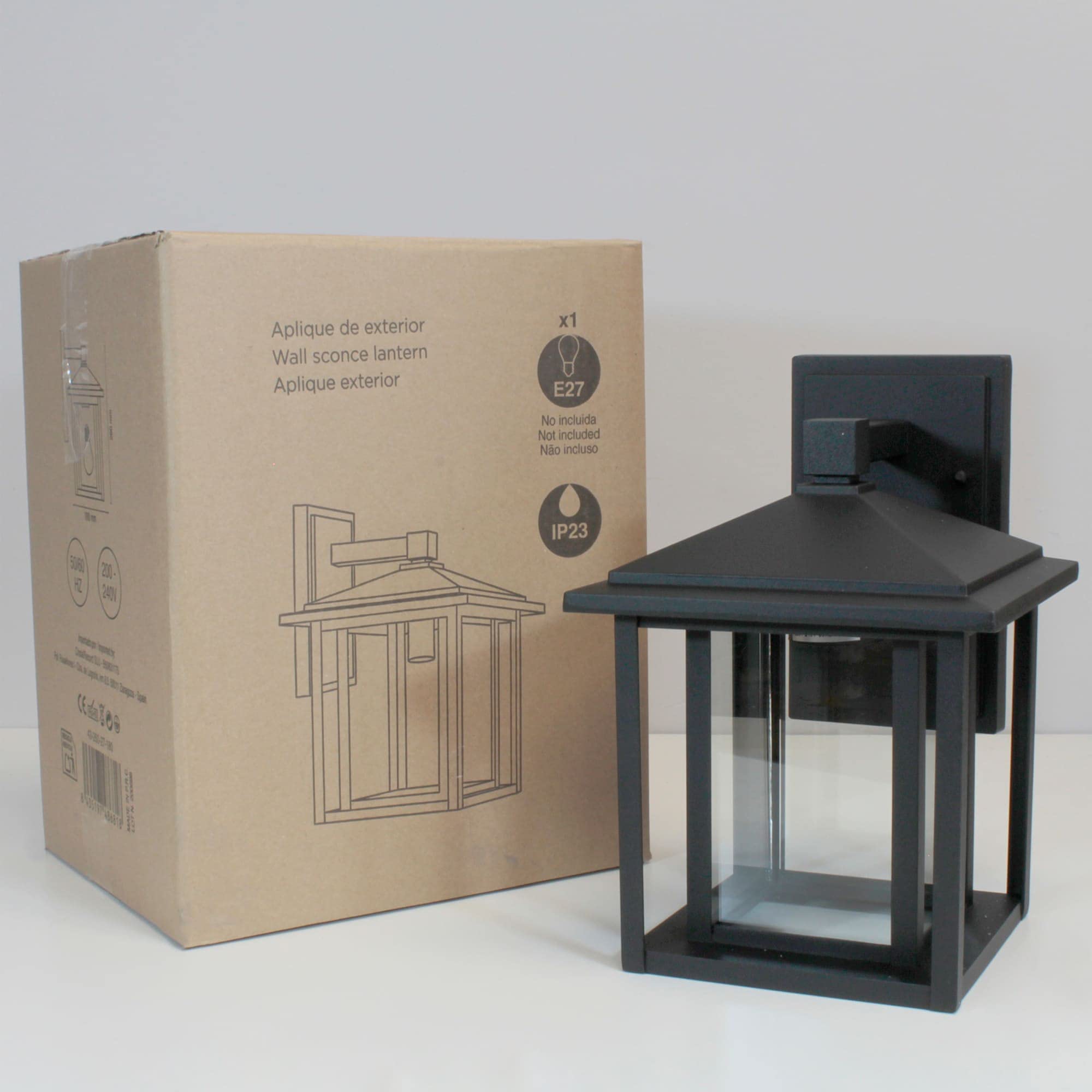 wonderlamp - Aplique de pared exterior Avenida, 1xE27, Máx. 60 W, IP 23, Aplique Vintage, forma de Farol con cristal, Negro