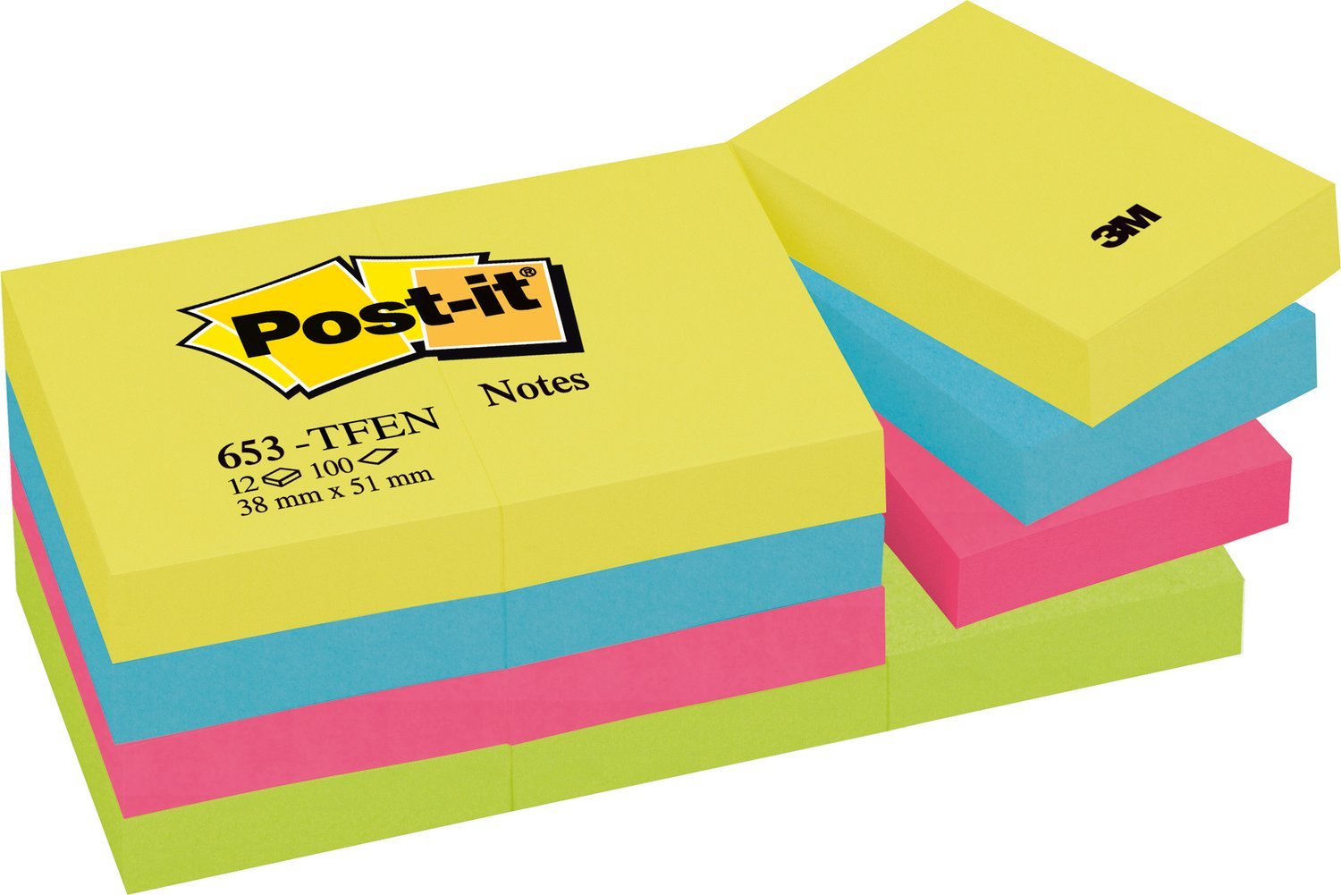 Post-it Notes Energetic Color Collection, opakowanie 12 wkładek, 100 arkuszy na podkładkę, 38 mm x 51 mm, kolory żółte, niebieskie, różowe, zielone - samoprzylepne notatki do robienia notatek, list
