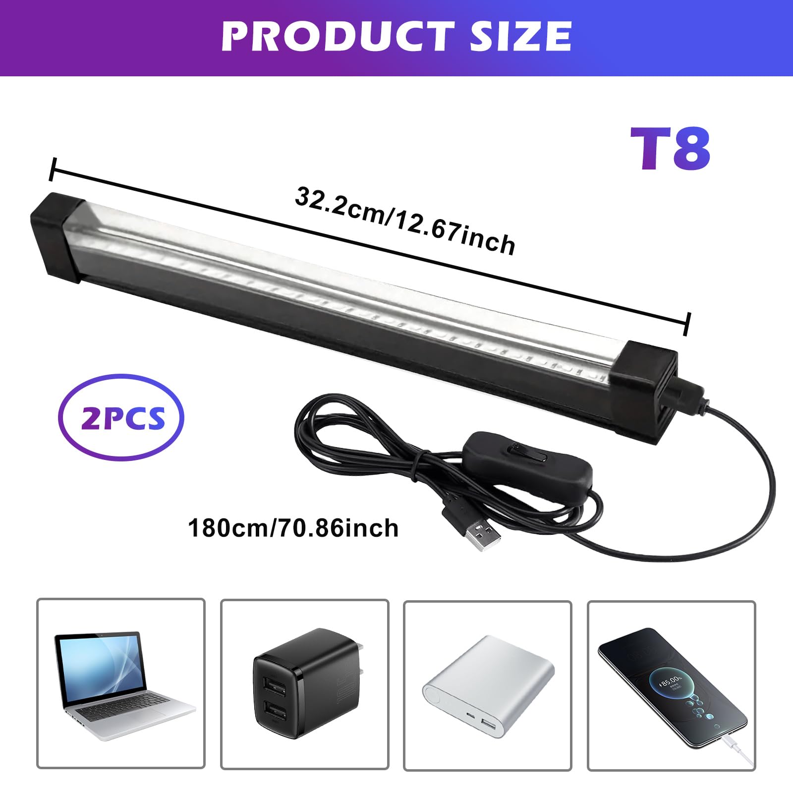BORDEAG 2 Piezas Luz Negra LED, Tubo de Luz Negra, Barra de Luz Negra UV, 10W, para Bar Decoración de Halloween Navidad Resplandor de Neón