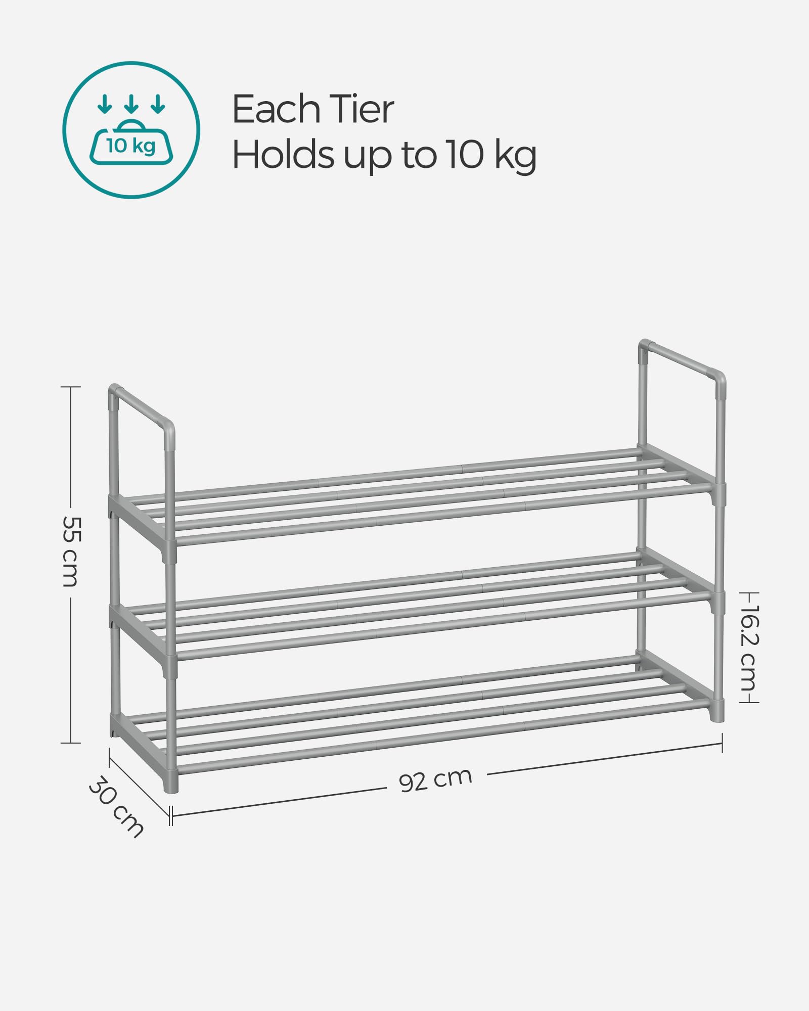 SONGMICS 3-Tier Shoe Rack, Shoe Storage Organiser, Metal Storage Rack, Upright or Upside Down, Fits 16 to 20 works, Stackable - Image 3