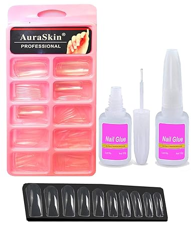 AuraSkin Gorgeous 100pcs Reuseable Acrylic Transparent Artificial Nail Tips Best False Nails with 10ml Strong Nail Glue Transparent (Pack of 100)