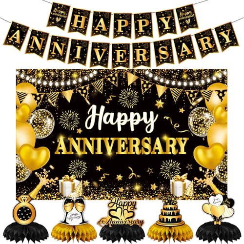 Image of Happy Anniversary Decorations,Happy Wedding Anniversary Party Supplies - Black Gold Happy Anniversary Banner,Backdrop 5.9 x 3.6Ft with 5pcs Honeycomb Centerpiece for Work Anniversary Decorations