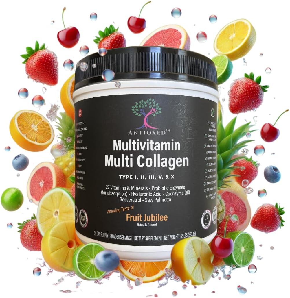 Multi Collagen Multivitamin for Women+Men, Keto, Skin, Joint, Cognitive, Heart, Sensual, & Immune Health, Hydrolyzed Peptides, Antioxidants, Probiotics, No Sugar, 30 Fruit Powder Servings