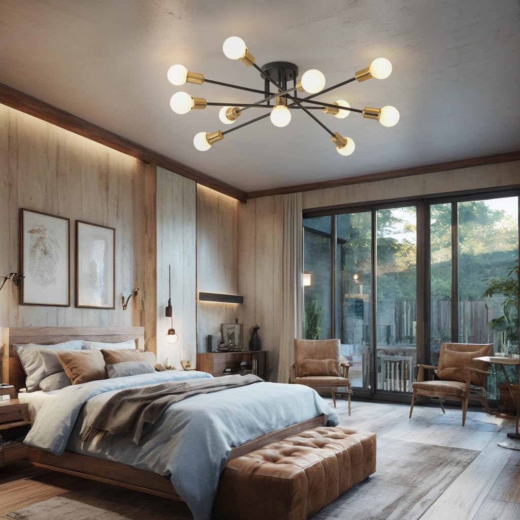 Modern Sputnik Gold and Black Semi Flush Mount Ceiling Light Fixture Minimalist,Mid Century Large 11 Light Metal Chandelier for Living Room Dining Room Bedroom Kitchen Office Entryway