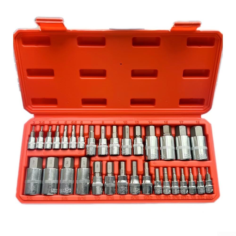 Juego de llaves de vaso hexagonales que incluye 32 piezas para 1/2 pulgada, 1/4 pulgadas y 3/8 pulgadas con caja de almacenamiento para 564 a 34 y de 2 a 19 mm