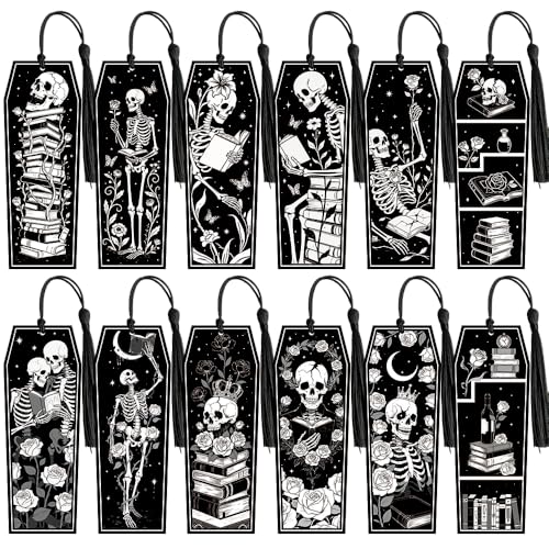 AWEELON 100Pcs Halloween Skeleton Coffin Bookmarks Gothic Double-Sided Bookmarks with Black Tassels for Halloween Party Game Prize Gift Goodie Bag Filler Reading Enthusiasts Classroom Reward Supplies