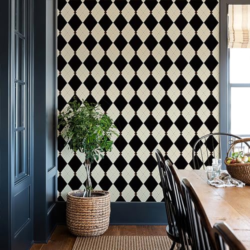 Simon&Siff Retro Checkered Peel and Stick Wallpaper Black and White Wallpaper 17.3x480 Vintage Plaid British Geometric Wall Paper for Bathroom Kitchen Cabinet Contact Paper