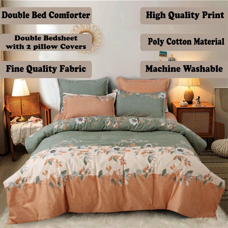 Image of Polycotton Printed 120 TC Comforter & Bedsheet Double Bed Bedding Set, Queen Size (90x100 inch), Green & Orange, 4 Pieces
