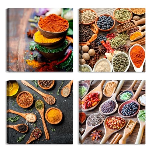 LuxHomeDecor Quadri cucina spezie 4 pezzi 30x30 cm Stampa su Tela con Telaio in Legno Arredamento Arte Arredo
