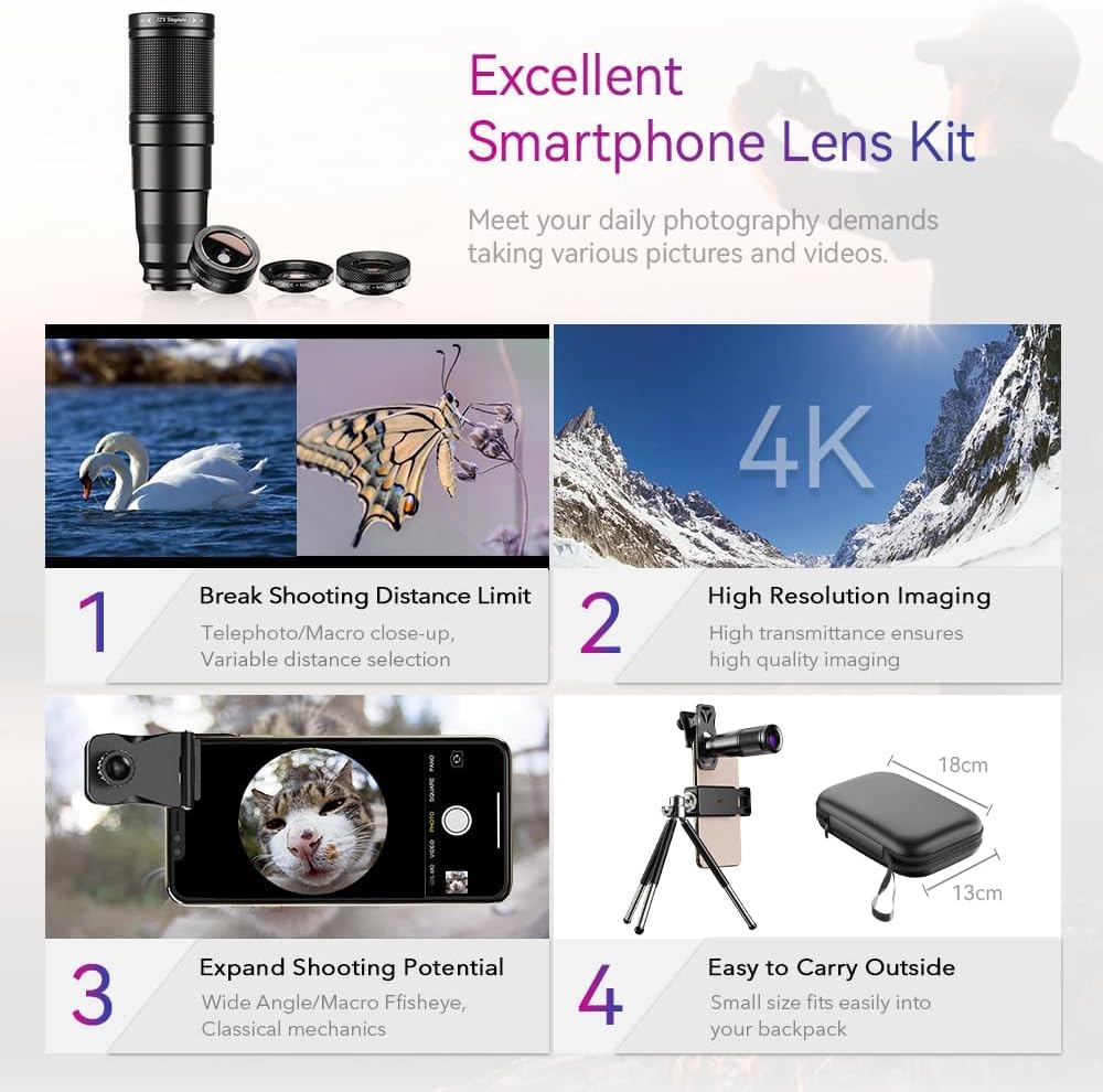 APEXEL 6 in 1 Phone Lens Kit - 22x Telephoto Lens, 205° Fisheye Lens, 120° Wide Angle Lens & 25X Macro Lens(Screwed Together), Compatible with iPhone,Samsung,Pixel