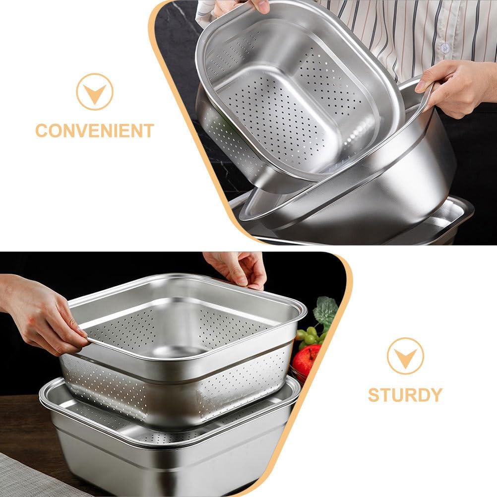 Zerodeko Fine Mesh Colander with Basin 9.05 Inch Square Stainless Steel Vegetable Fruit Drain Basket and Mixing Basin for Kitchen Washing and Food Straining
